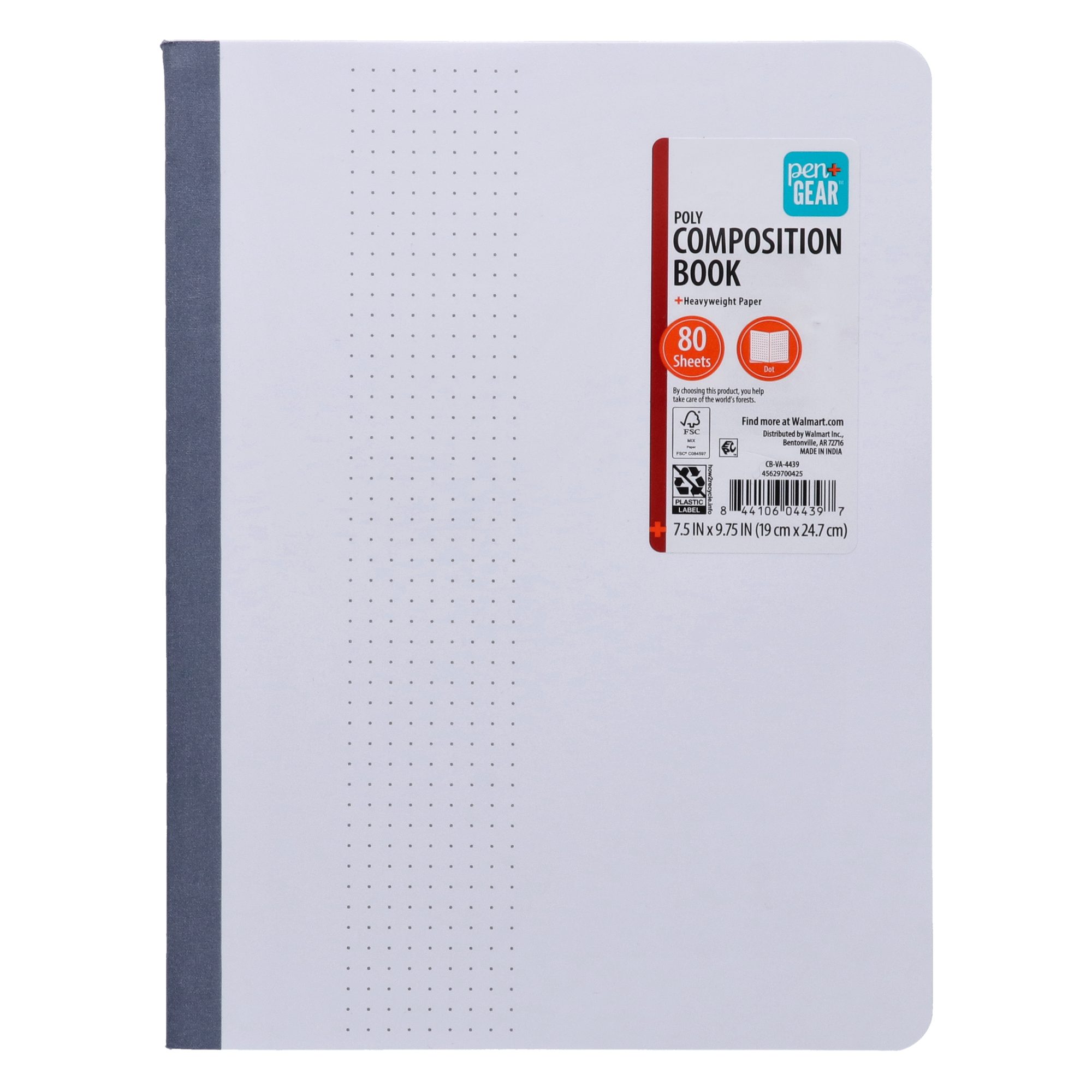Pen+Gear Poly Cover Dot Ruled Composition Notebook, 7.5 x 9.75 Inches, White, 80 Pages
