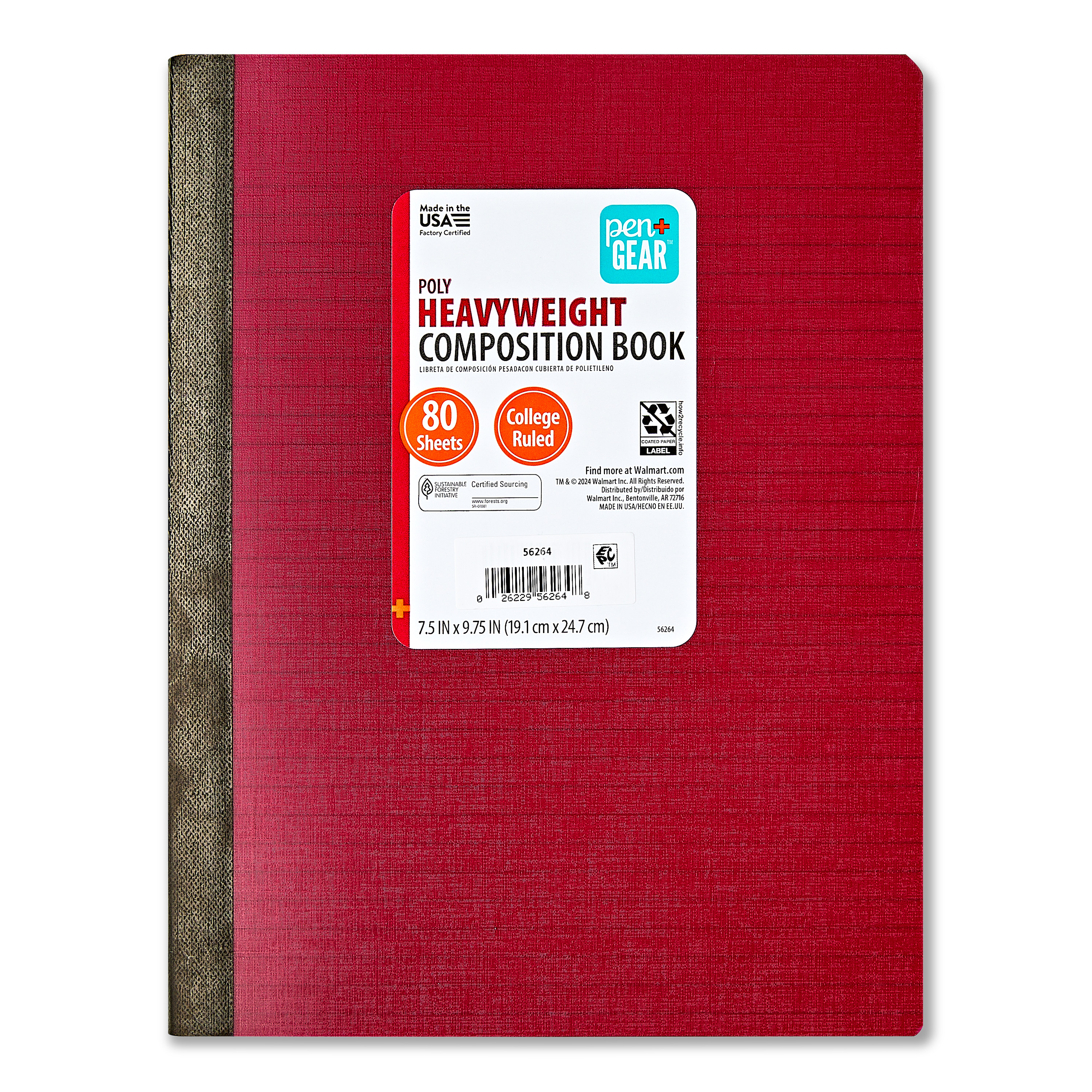 Pen+Gear Heavyweight College Ruled Poly Composition Book, 7.5 in x 9.75 in, Red, 80 Sheets
