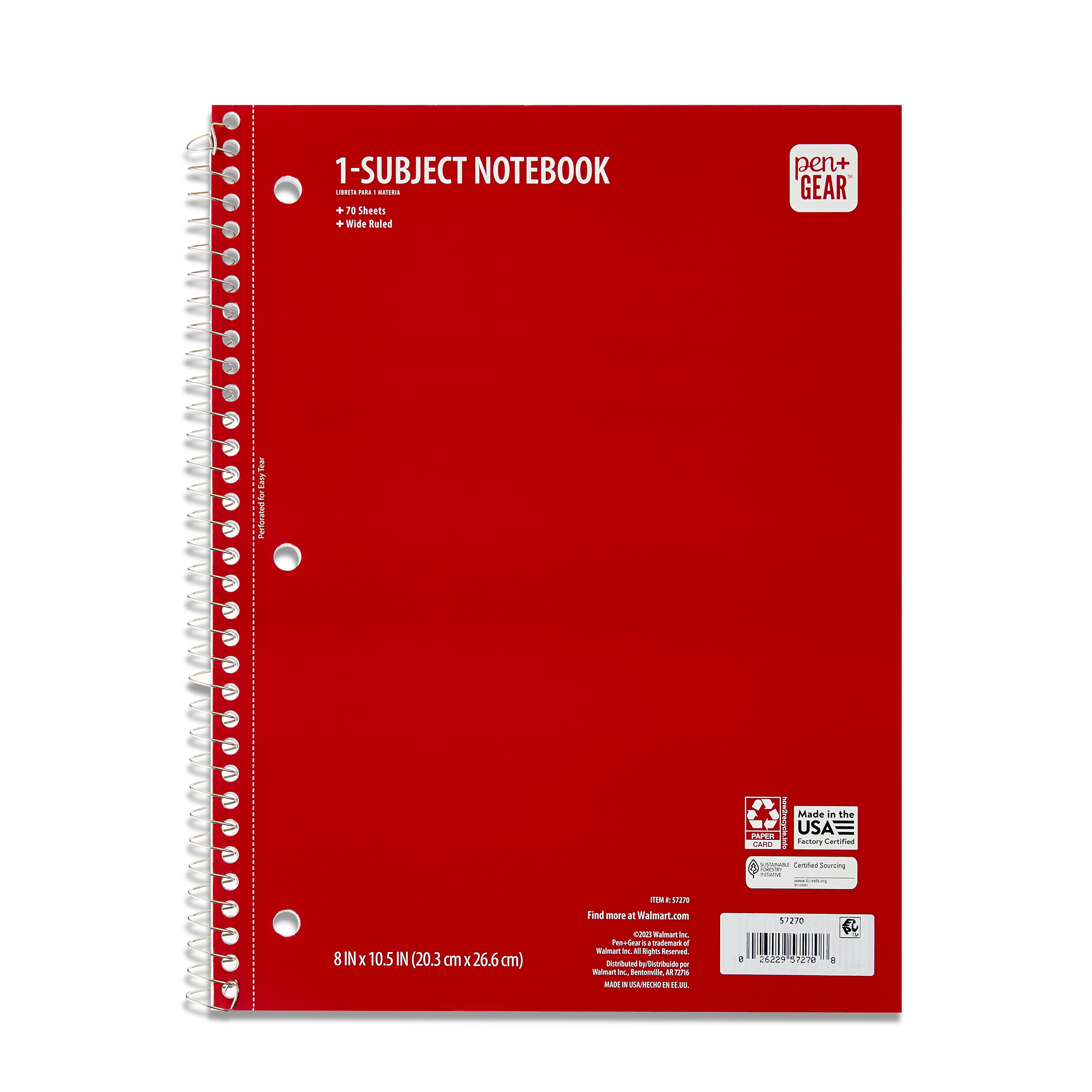 Pen+Gear Wide Ruled 1-Subject Wirebound Notebook, 8 in x 10.5 in, Red, 70 Sheets