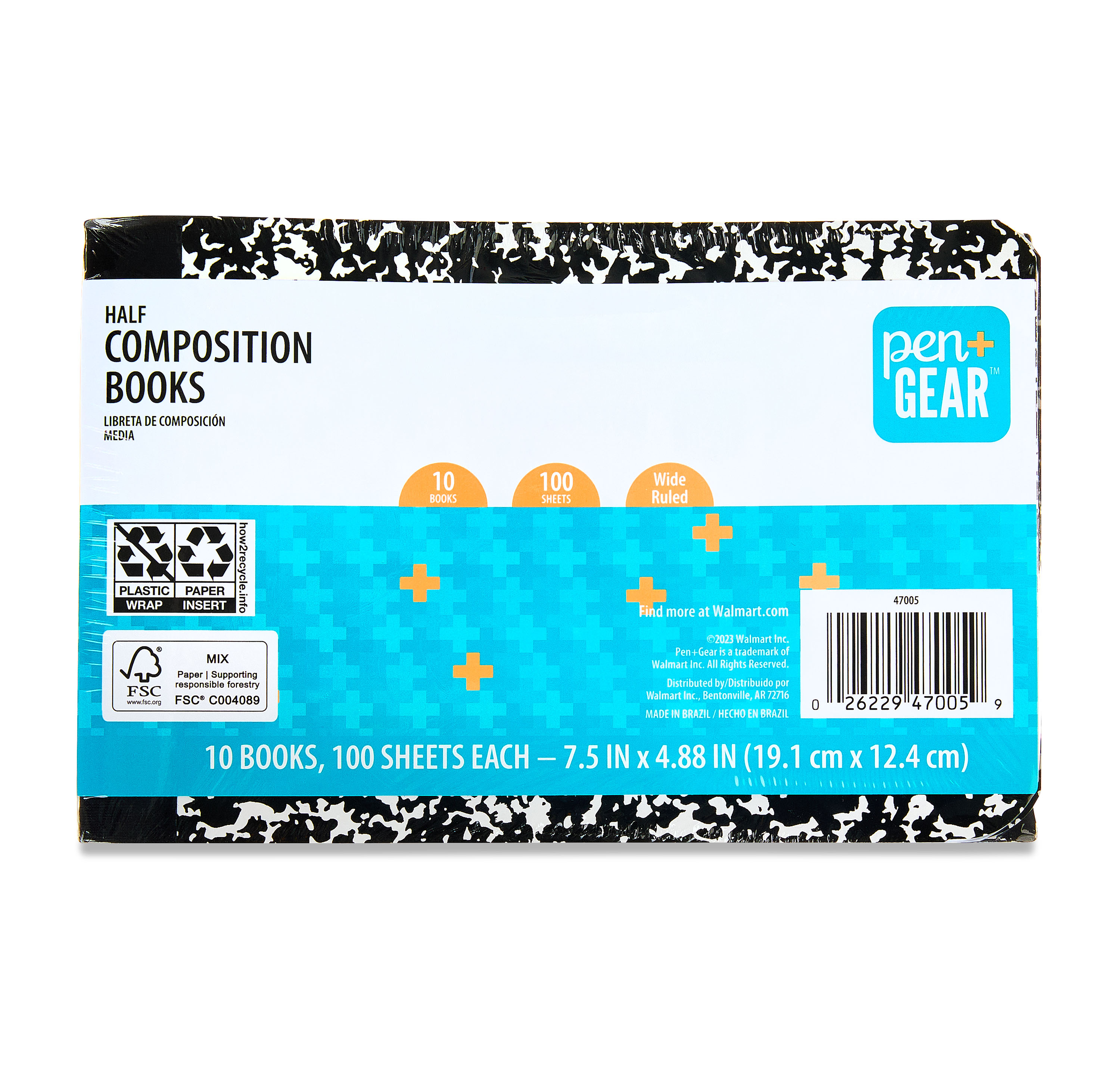 Pen+Gear Wide Rule Half Composition Book 7.5in x 4.88in Black and White 100 Pages 10 Pack