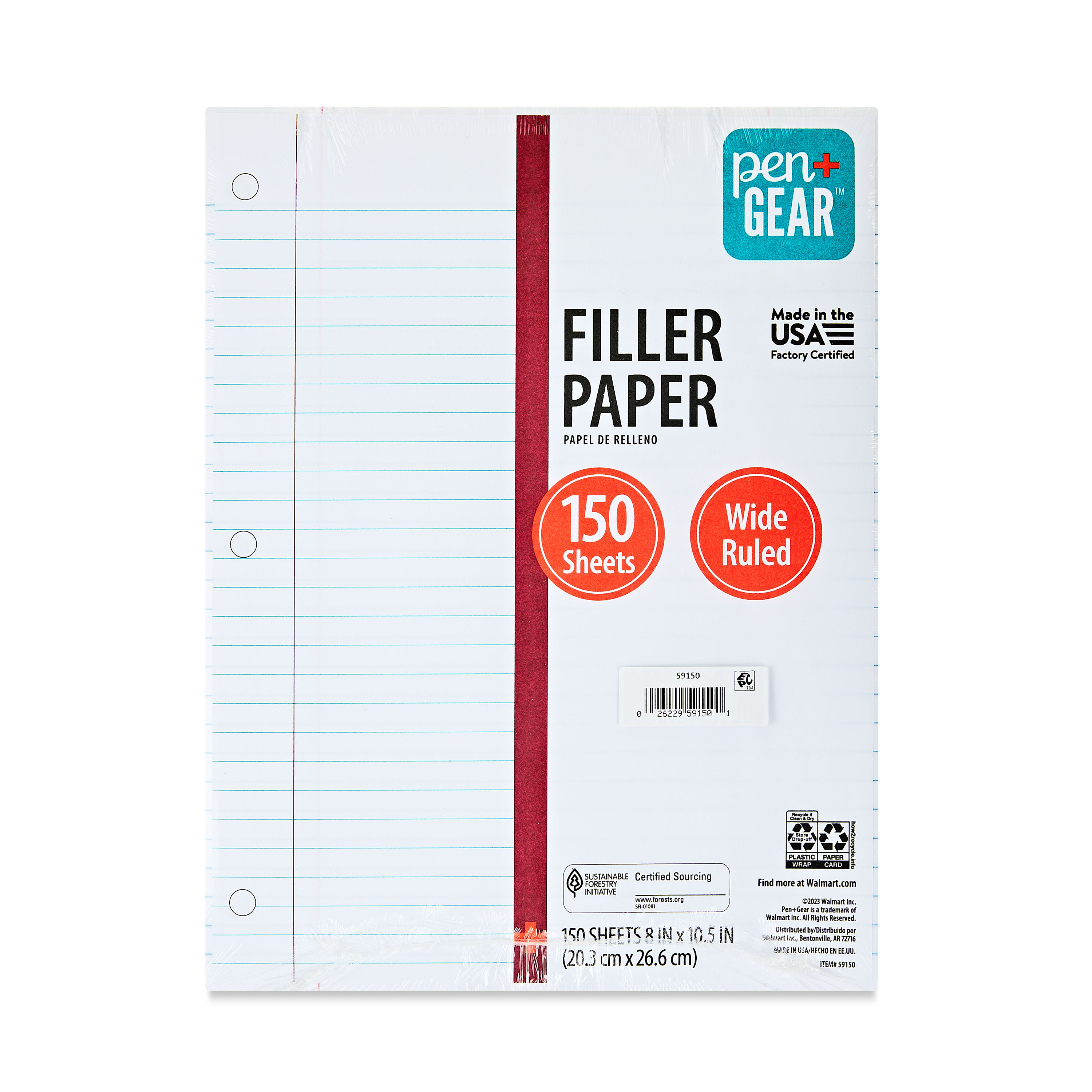 Pen+Gear Wide Ruled Filler Paper, 150 Sheets, 10.5 in x 8 in