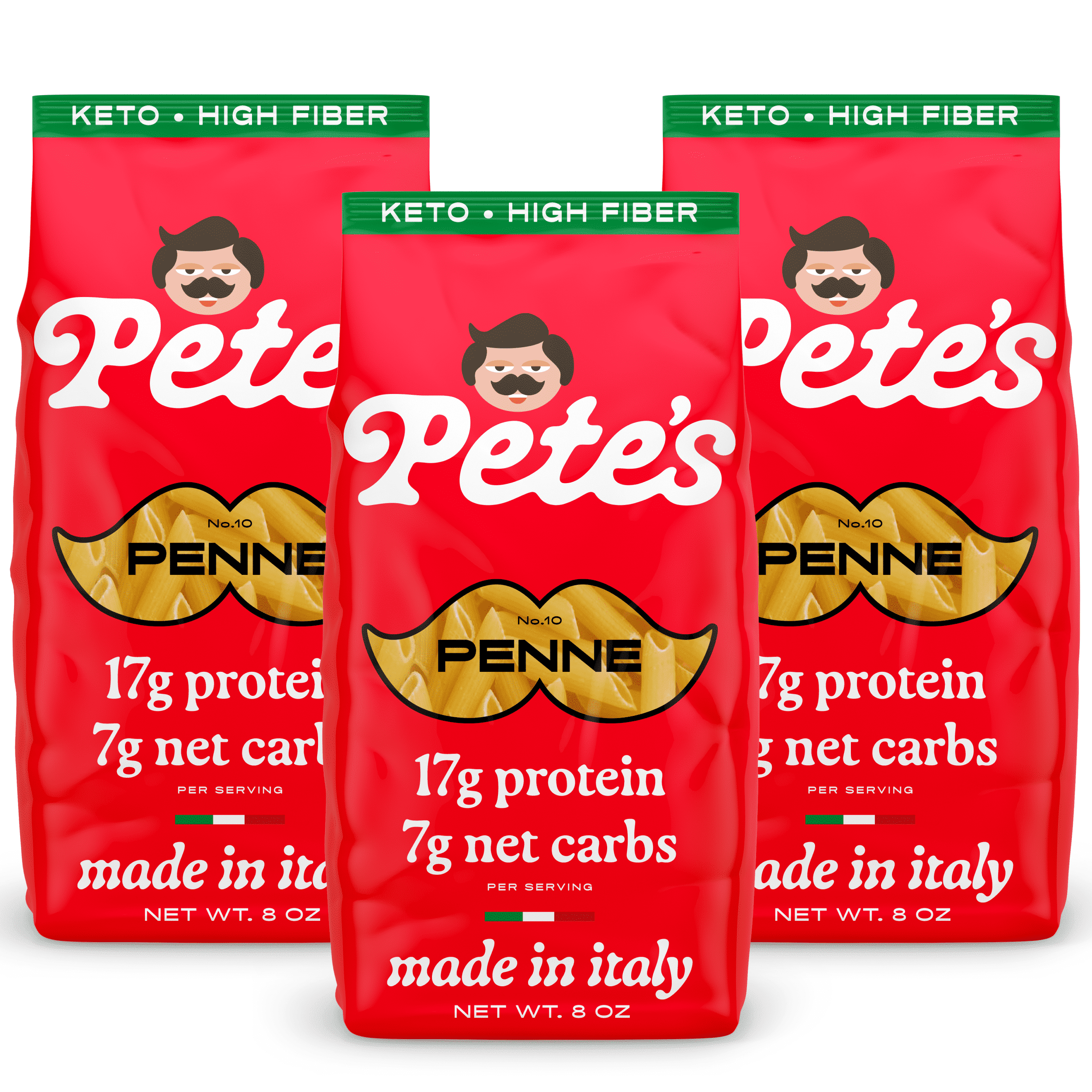 Pete's Pasta Penne - 7g Low Carb, 17g High Protein - Authentic Italian Keto Wheat Pasta - 3 Pack, 8oz.