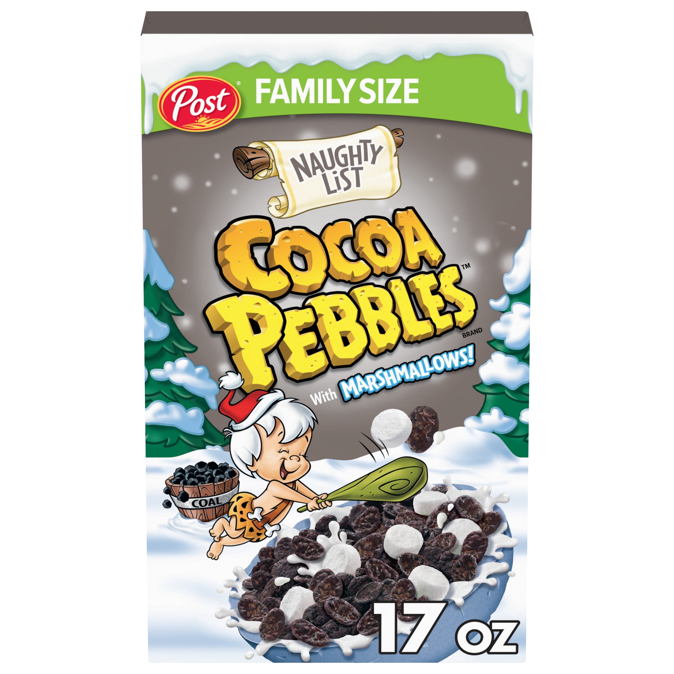 Post Naughty List Cocoa PEBBLES with Marshmallows, Gluten Free Rice Cereal, 17 Oz Box