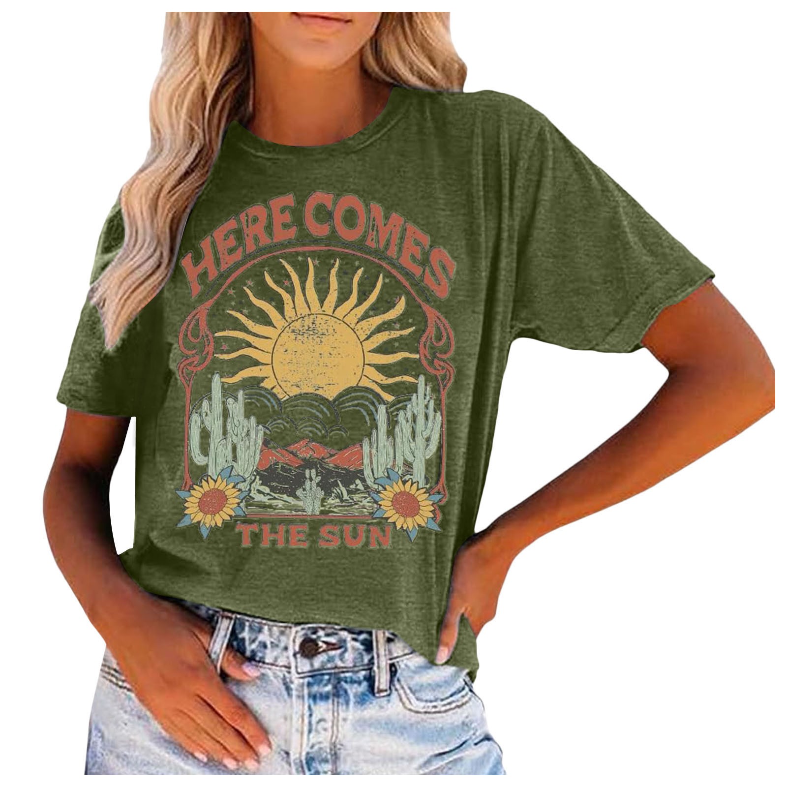 Retro Womens Graphic T Shirts Casual Breathable Short Sleeve Crew Neck Tee Summer Top Army Green L