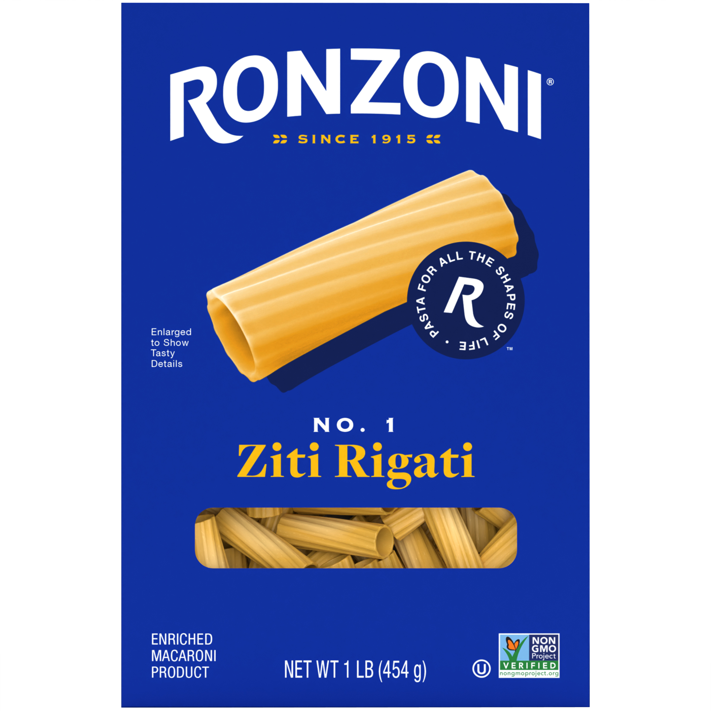 Ronzoni Ziti Rigati, Ridged Tubed Pasta, Non-GMO, (Shelf Stable), 16 oz