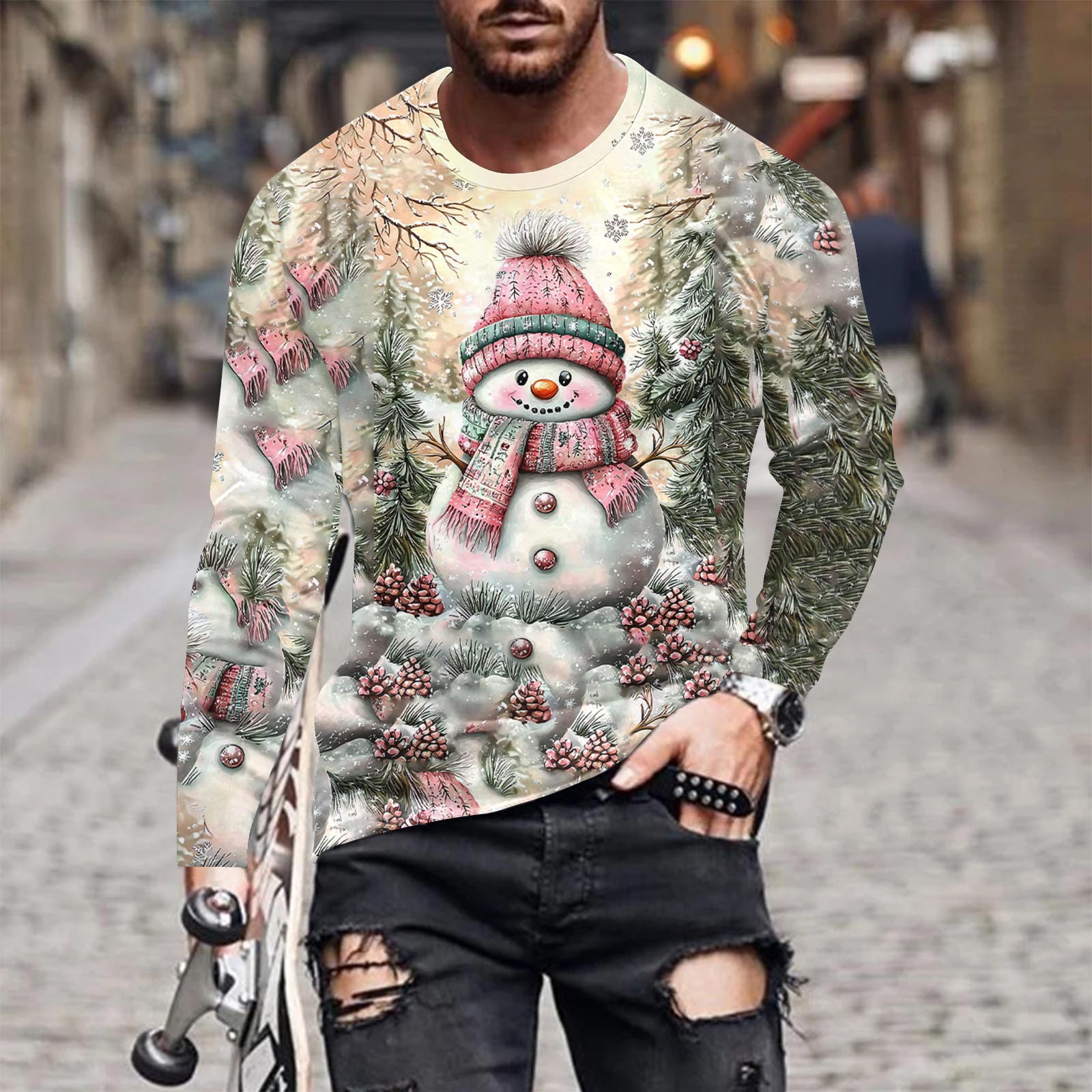 Men's Long Sleeve T-Shirt Crew Neck Christmas Graphic Print Casual Festive Holiday Top Pink Size 2XL