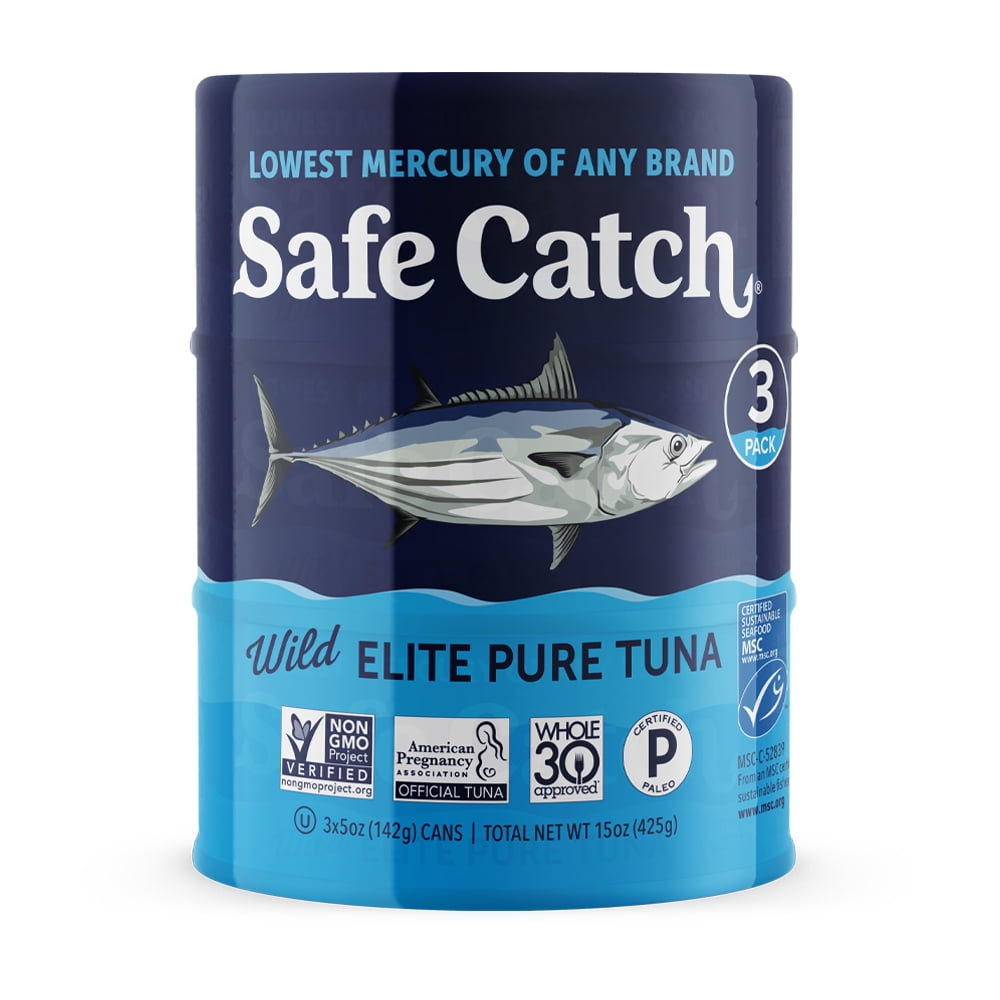 Safe Catch Wild Elite Pure Tuna, 3 Pack, 5 oz Cans Lowest Mercury Canned Tuna with 40g Protein per Can