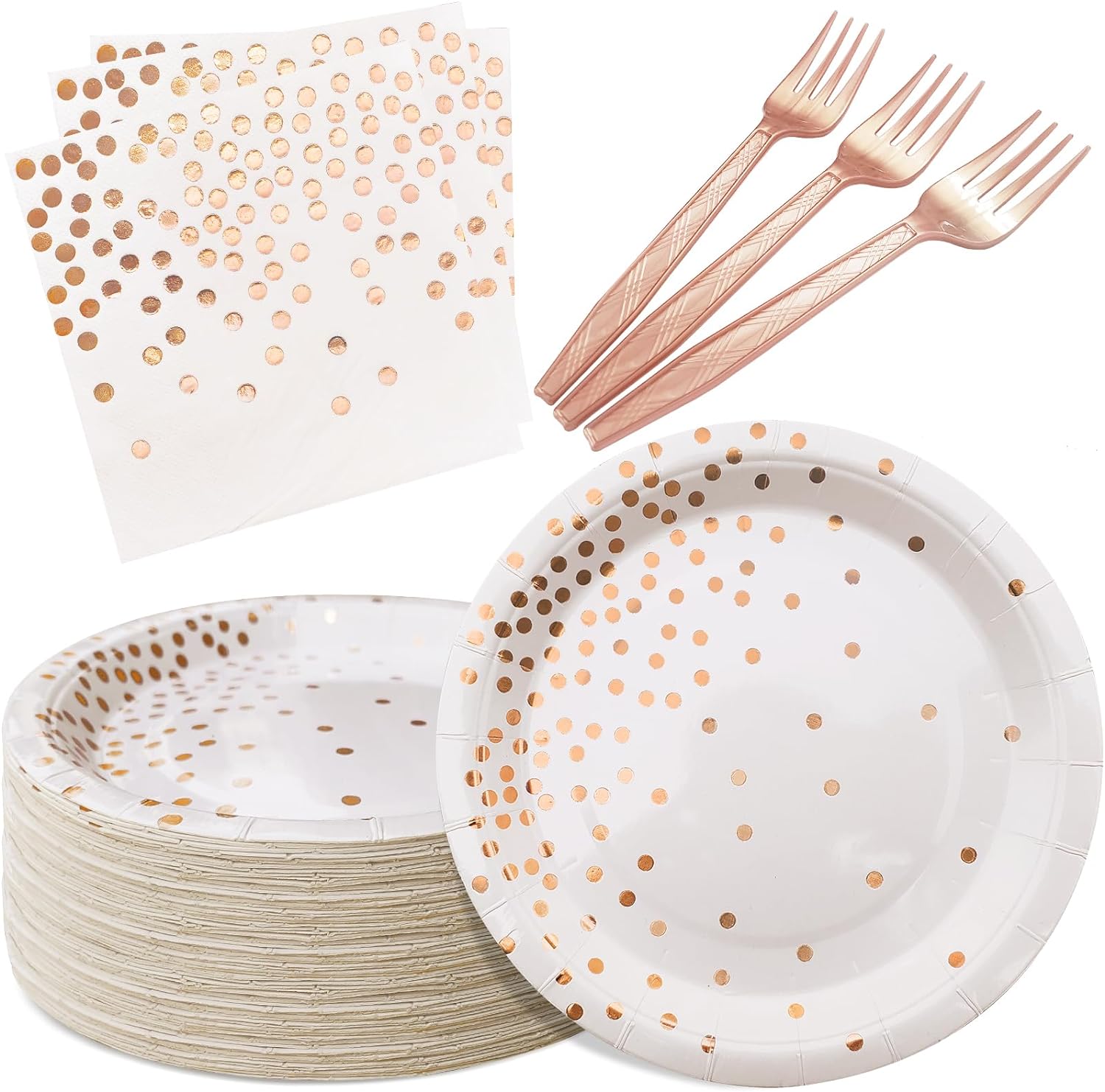 Serves 35 Guests White and Rose Gold Paper Plates Napkins Party Supplies