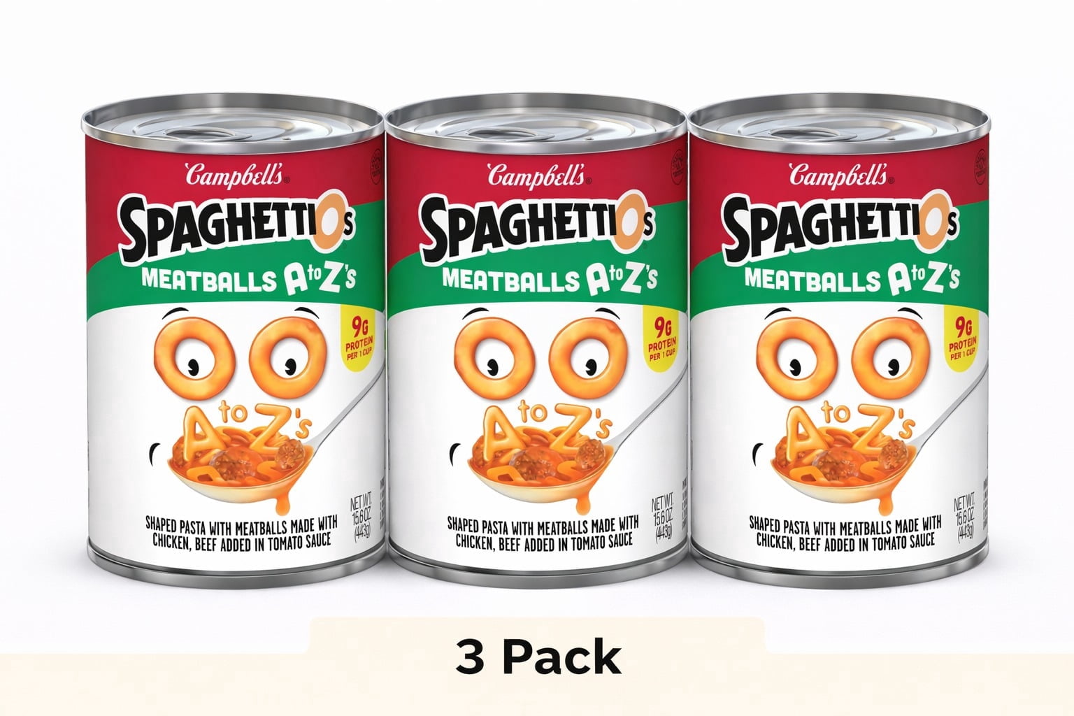 SpaghettiOs A to Z's Canned Pasta with Meatballs, 15.6 oz Can (Pack of 3)