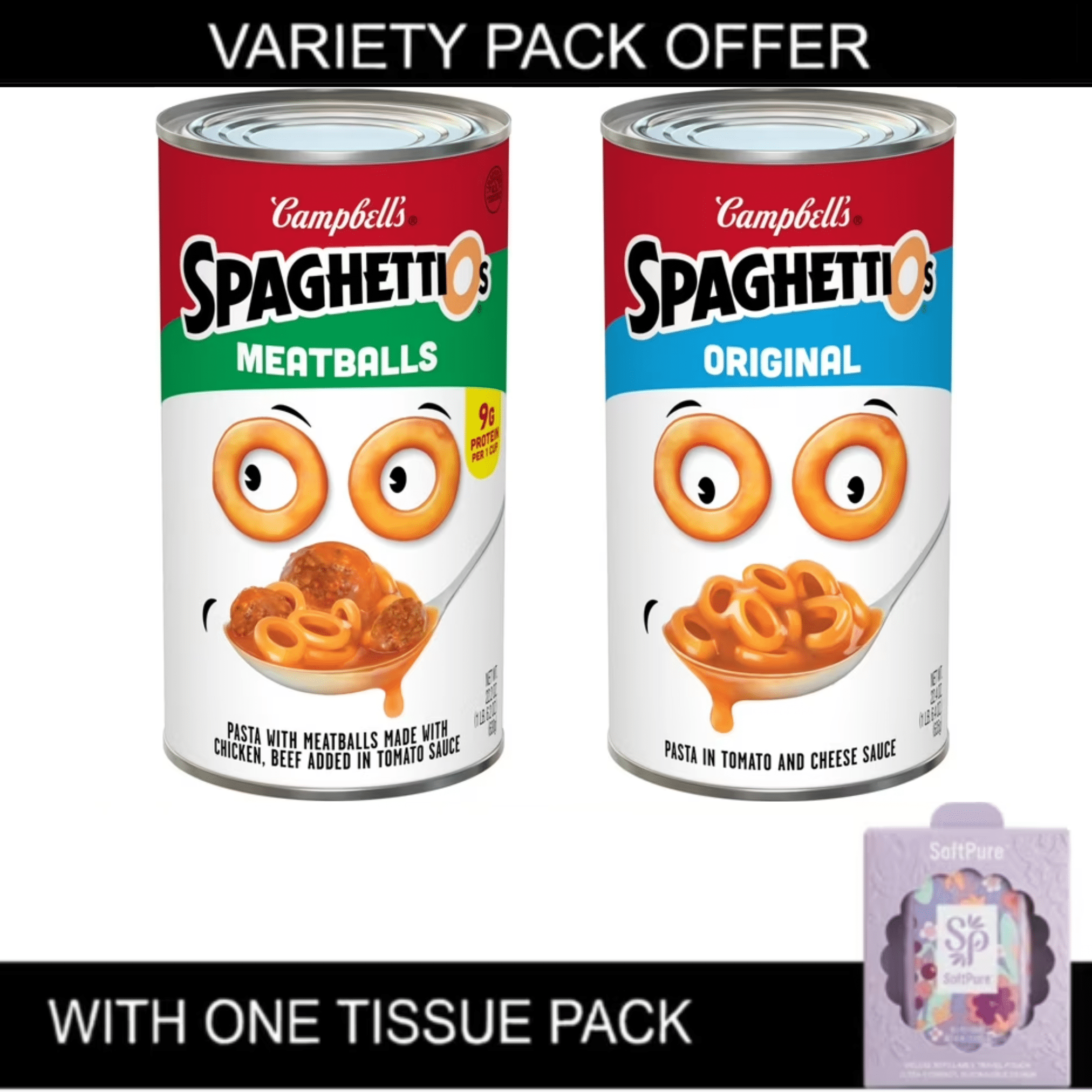 SpaghettiOs Canned Pasta Variety Pack, Original & With Meatballs, Shelf-Stable, 2 Count + 1 Tissue Pack