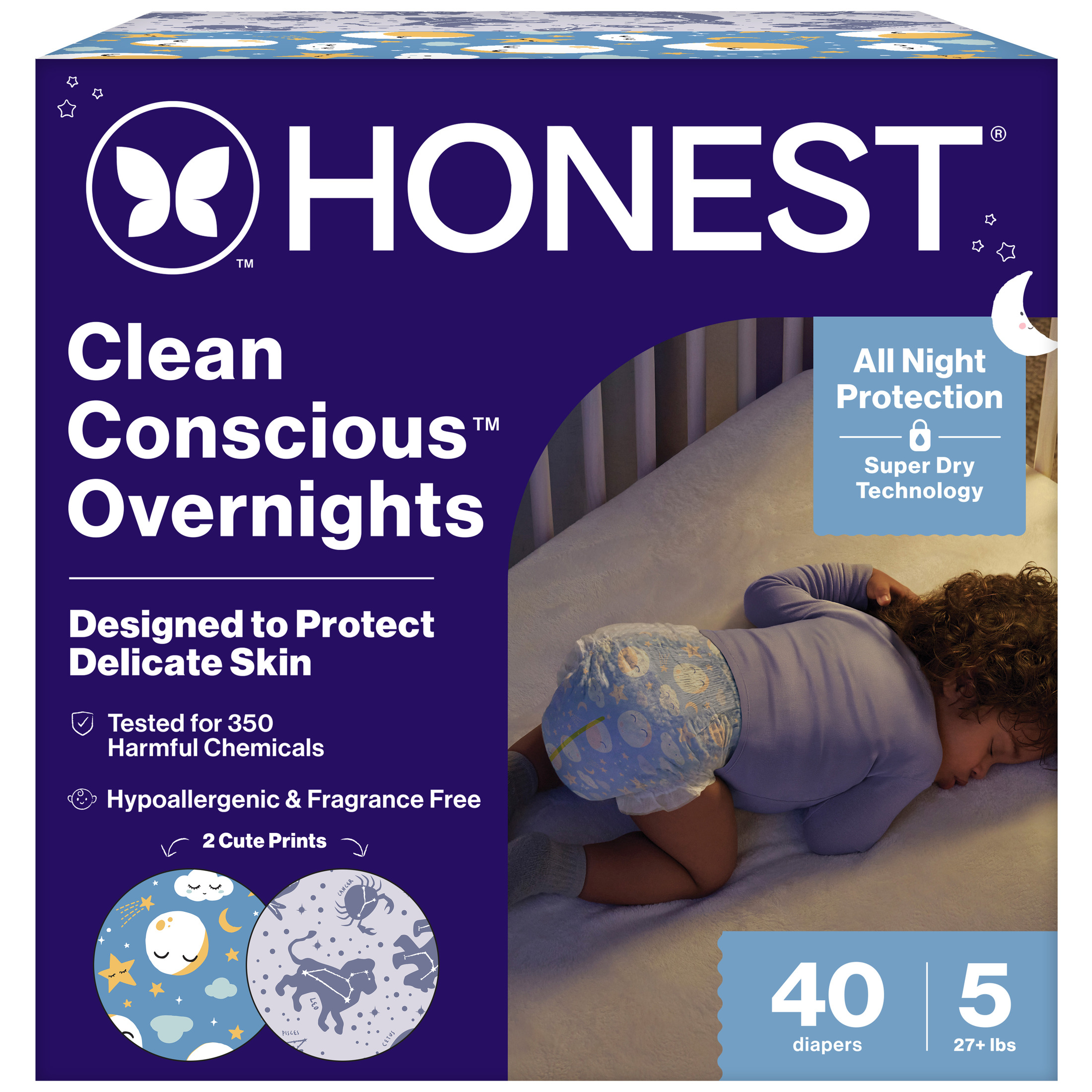 Clean Conscious Overnight Diapers, Up to 12 Hours of Protection, Hypoallergenic + Fragrance Free, Cozy Cloud + Star Signs