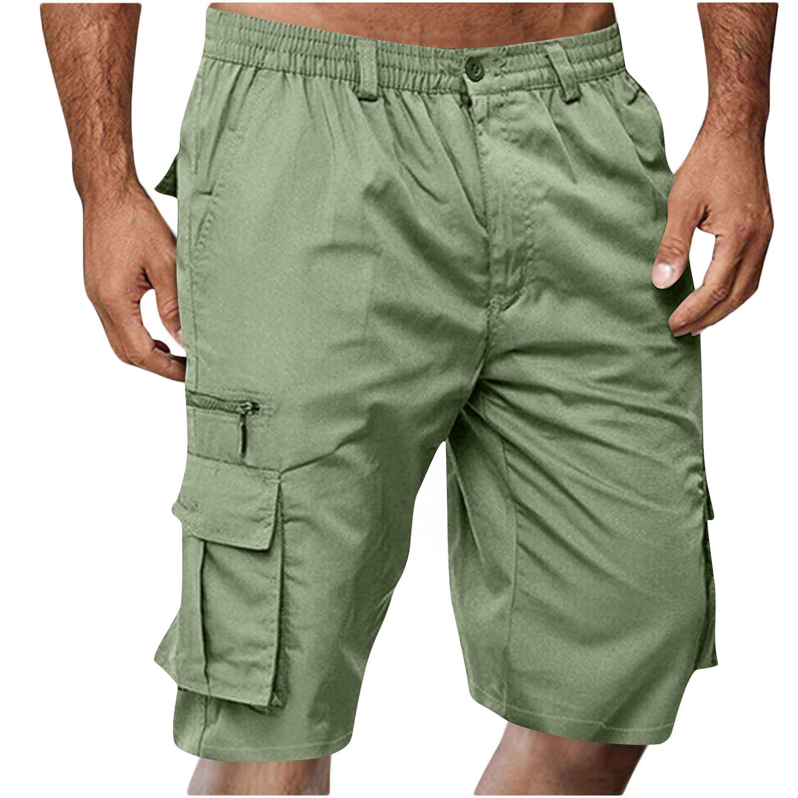 Men's Shorts Elastic Waist Straight Buttons Zipper Solid Color Cargo Shorts Summer Casual Work Shorts with Pockets