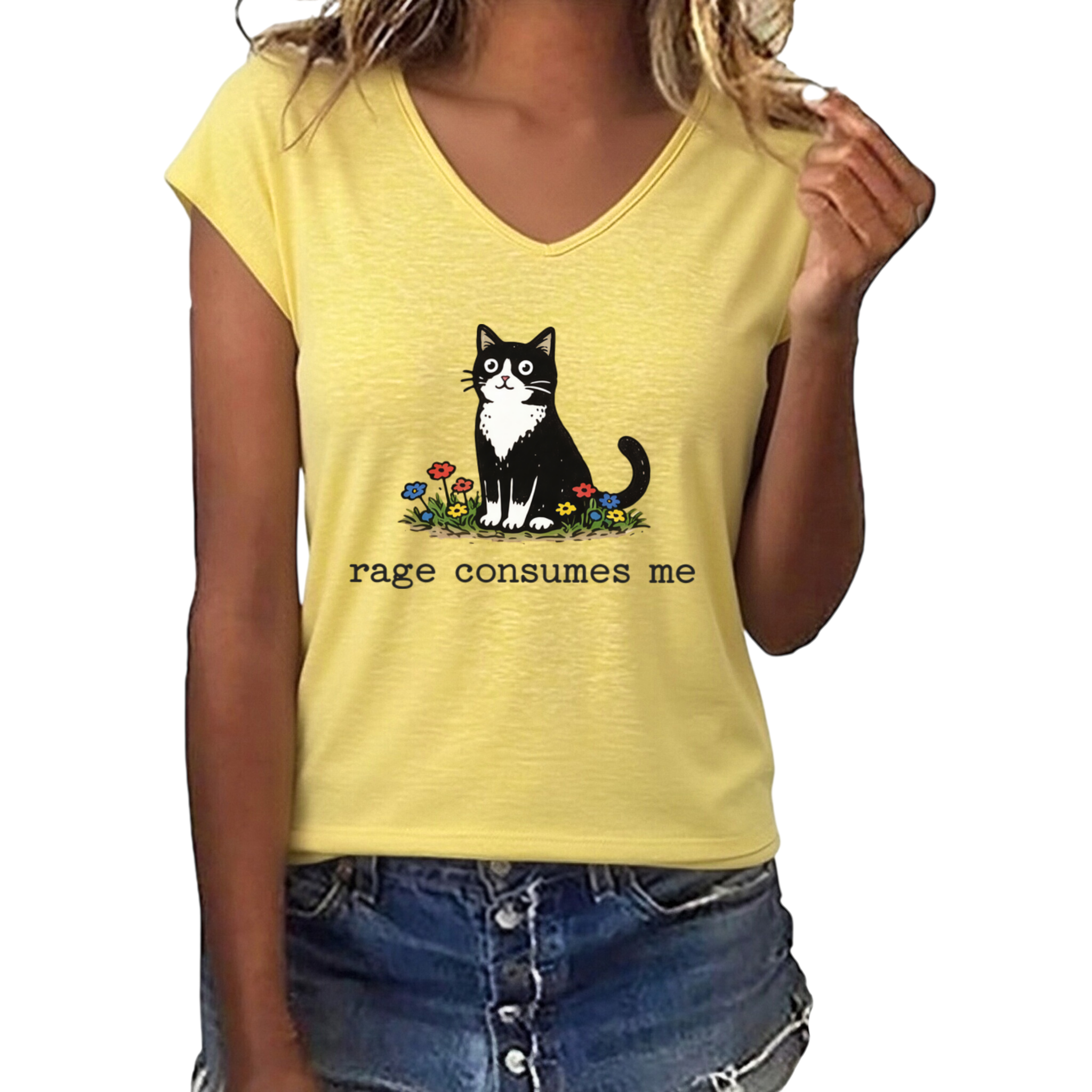 Women's Rage Consumes Me Tuxedo Cat Floral Funny Graphic V-Neck Short Sleeve Casual Humor Pet T-Shirt Top