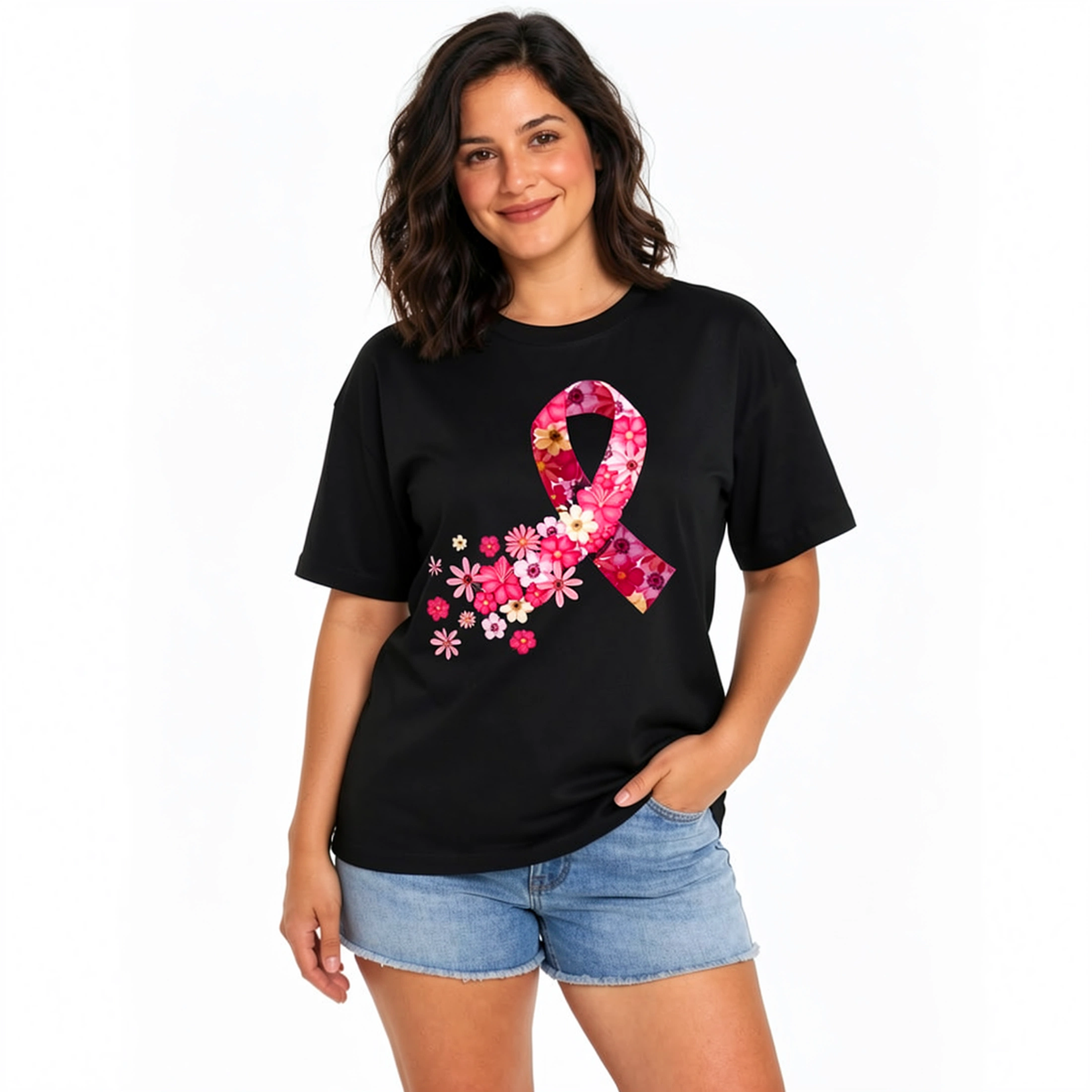 Women's Breast Cancer Awareness Floral Ribbon Graphic T-Shirt, Short Sleeve Crewneck Tee