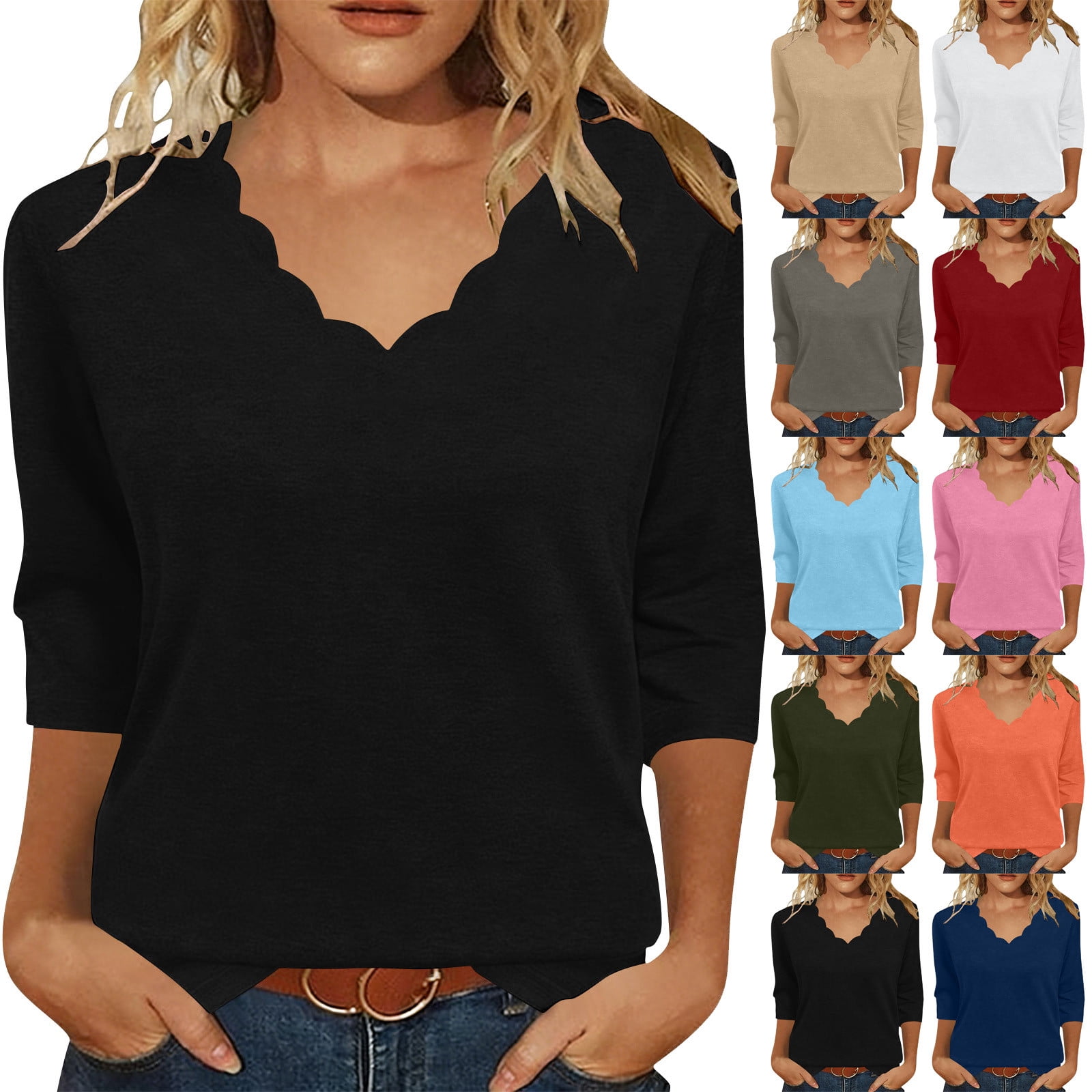 3/4 Sleeve Tops for Women Fall Casual Womens T Shirts Daily Wear Stretch Scalloped V Neck Tops