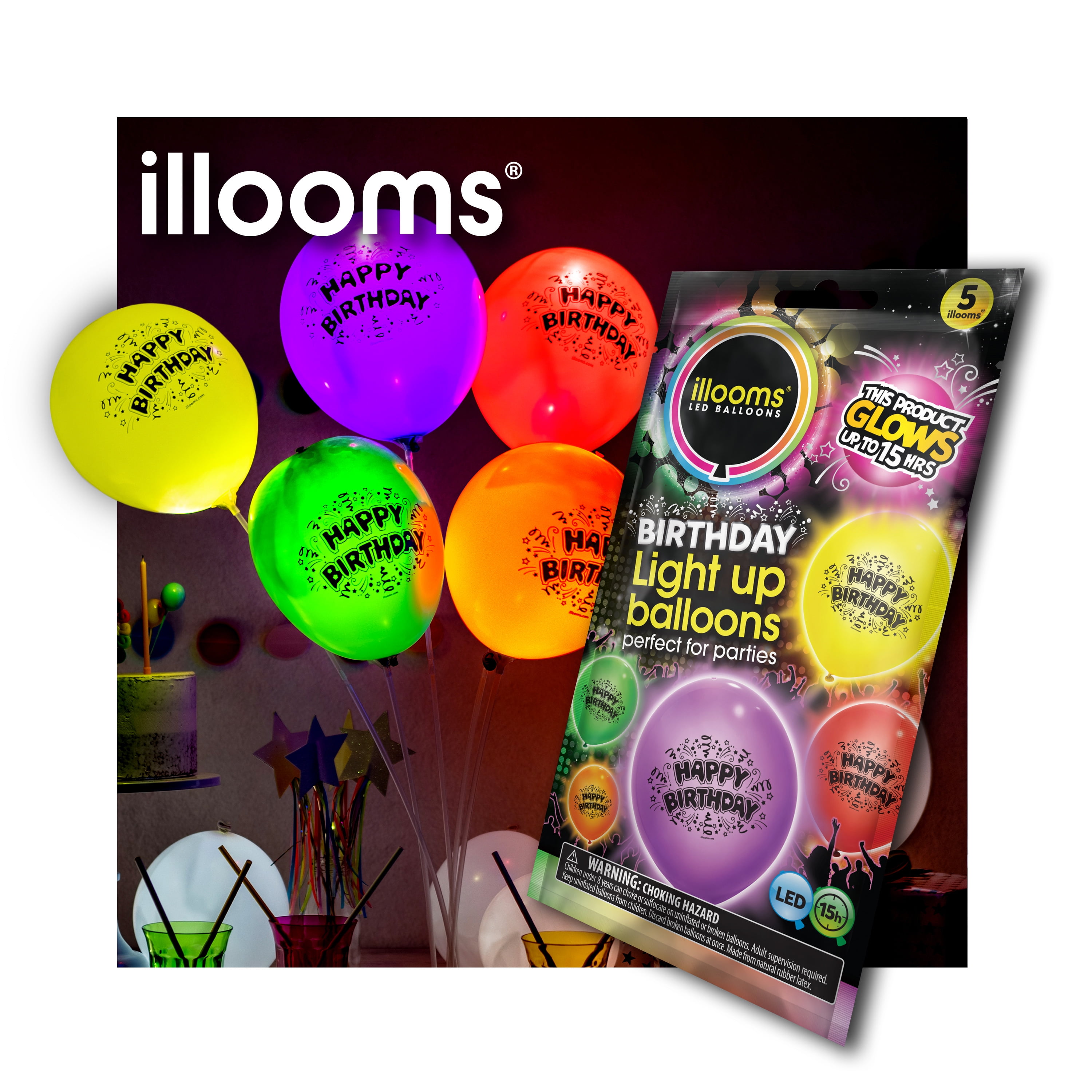 illooms LED Light-Up Latex Happy Birthday Party Balloons, Mixed Colors, 5 pack