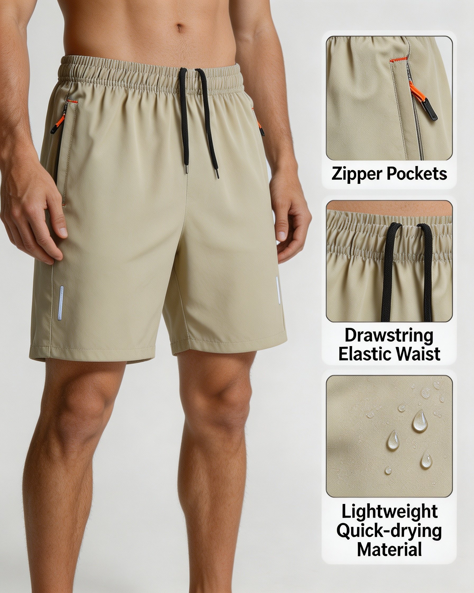 Summer Mens Shorts Elastic Waist Lightweight Running Shorts with Zipper Pockets for Casual Athletic Beach, Size L