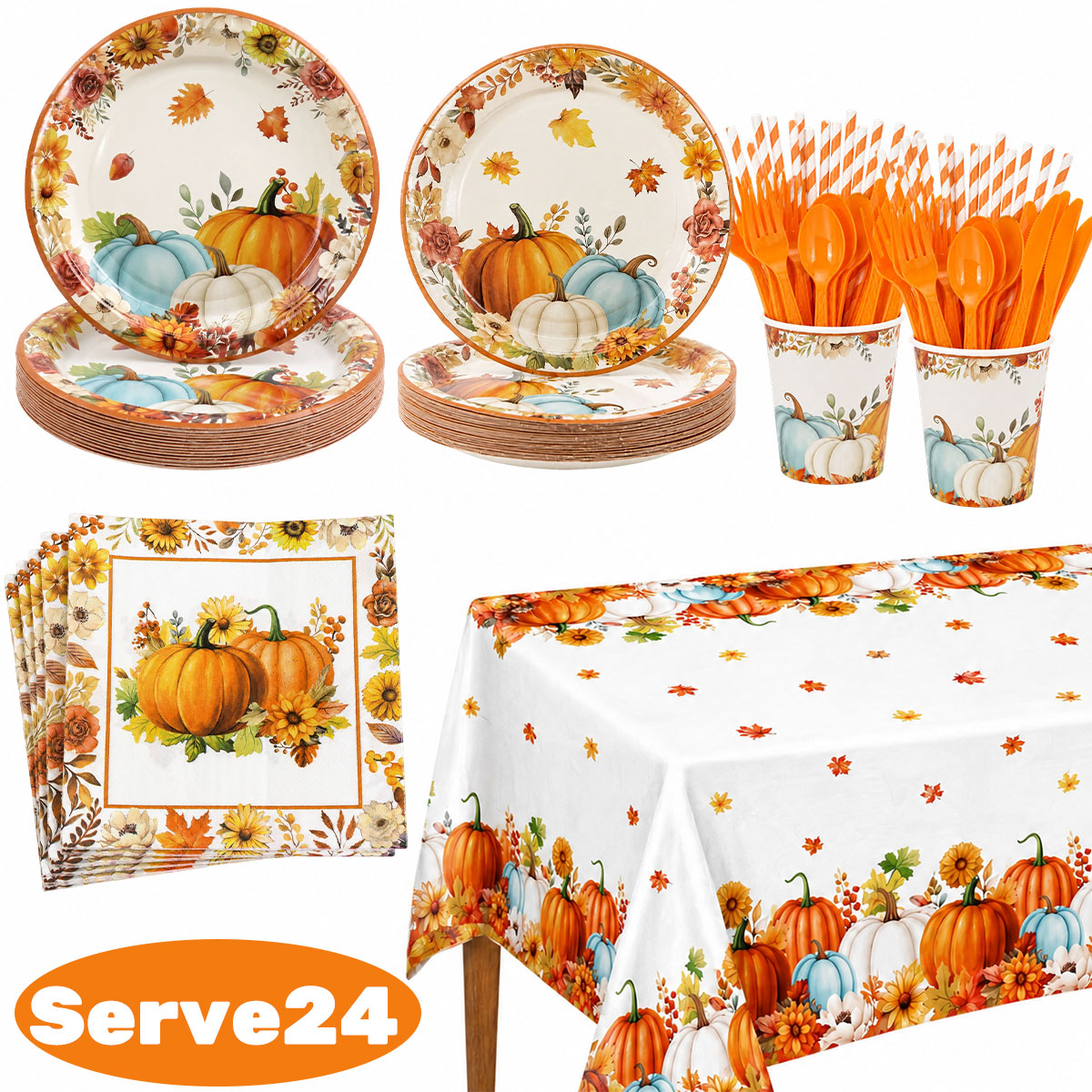 Fall Paper Plate Thanksgiving Party Supplies Decorations Plates and Napkins Sets Fall Pumpkin Maple Leaf Disposable Dinner Tableware for Thanksgiving Autumn Harvest Table Decor 24 Guests Design 4
