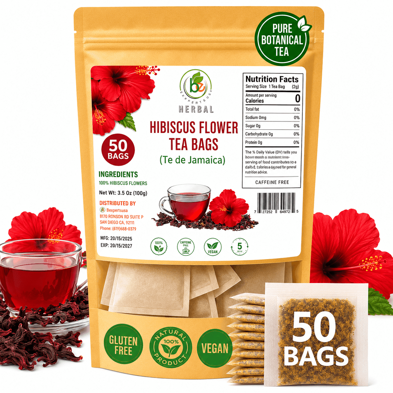Hibiscus(Jamaica) Premium Flowers Tea Bags 50 Count (2 g Each) 100% Natural Vacuum-Sealed for Freshness Non-GMO, Sugar-Free, Gluten-Free, Caffeine-Free Tart & Refreshing Hot or Iced Tea