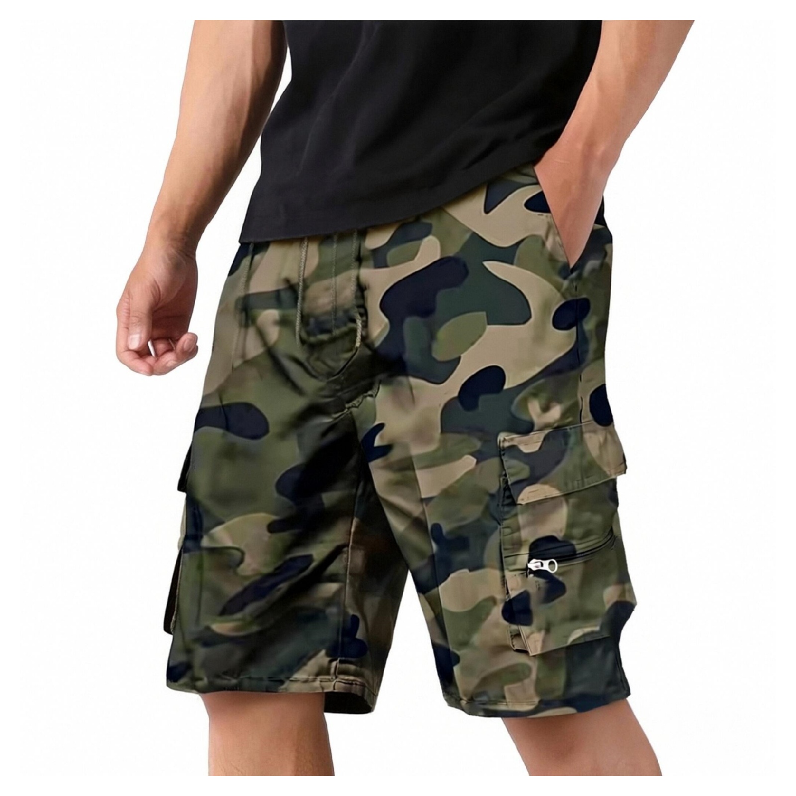 Men's Summer Outdoors Casual Cargo Shorts with Drawstring Zipper Pockets Workout Sport Short Pants Half Pant Camouflage XL