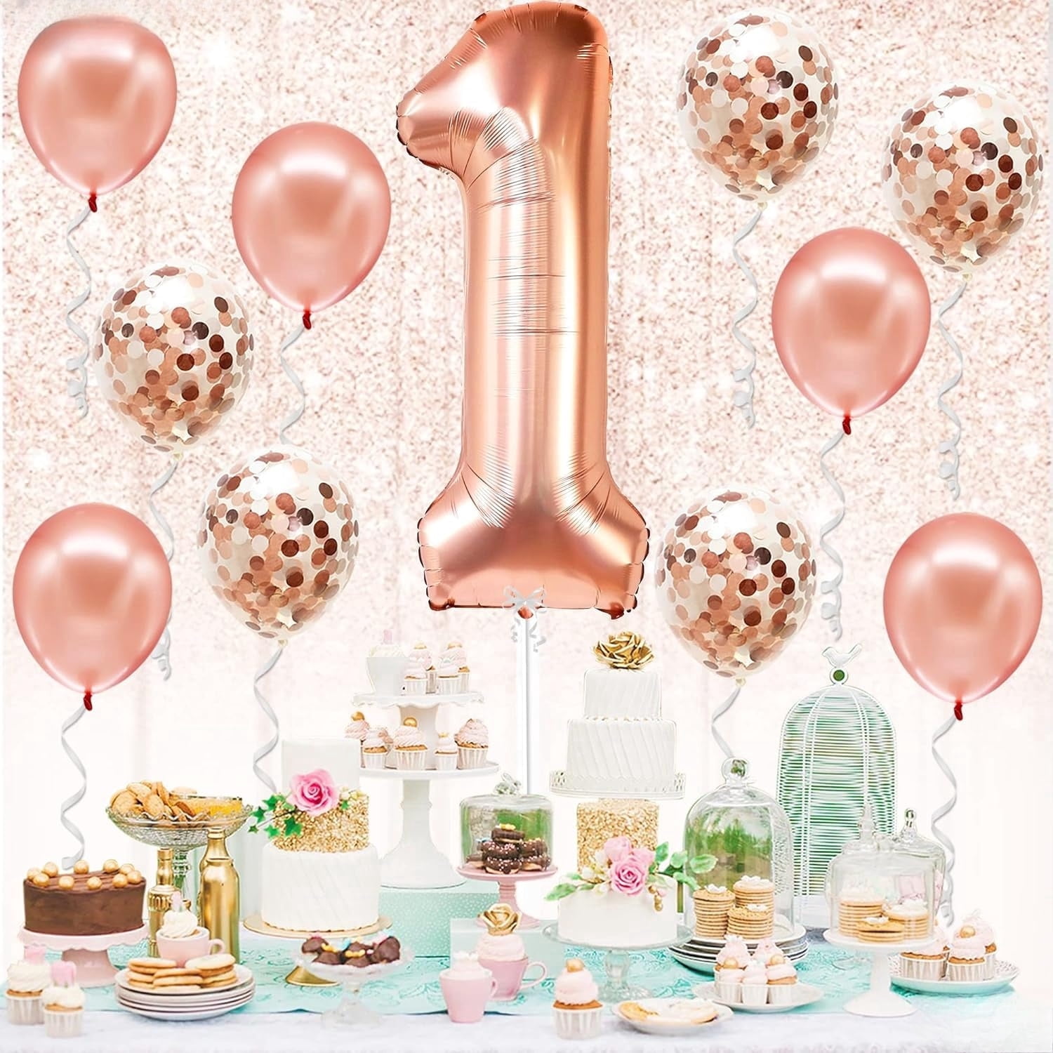 Giant Rose Gold 1st Birthday Balloon Decor 32 Inch Number 1 Foil Balloons 10Pcs Latex Confetti Balloons 1st Birthday First Birthday for Girl Number One Balloon for 1st Happy Anniversary Decorations