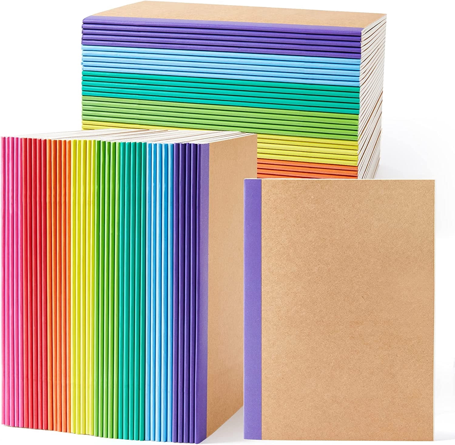 feela 80 Pack Composition Notebooks Bulk, Kraft Cover Lined Blank College Ruled Composition Travel Journals with Rainbow Spines for Women Students Business, 60 Pages, 8.3”x 5.5”, A5, 8 Colors