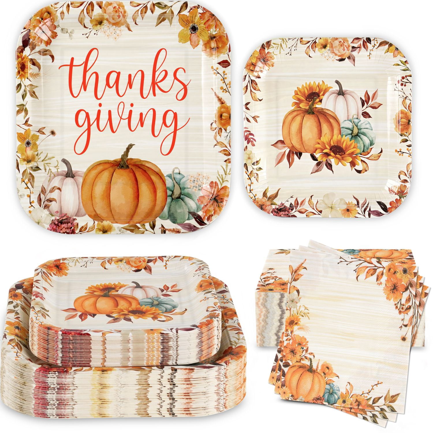 75pcs Thanksgiving Pumpkin Paper Plates and Napkins, Square Disposable Fall Dinner Dessert Sets for Autumn Harvest Parties Thanksgiving Family Banquets Tableware Supplies, Serves 25
