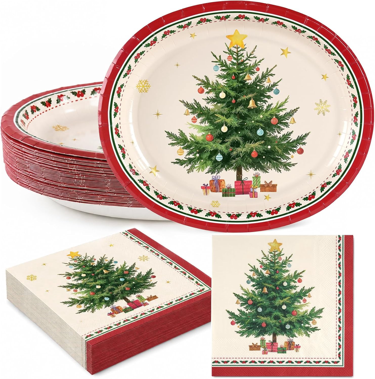 100Pcs Heavy Duty Christmas Paper Plates and Napkins Set, Xmas Ornament Ball Round Disposable Christmas Dinner Plates Dinnerware Set for Holiday Winter Xmas Party Supplies