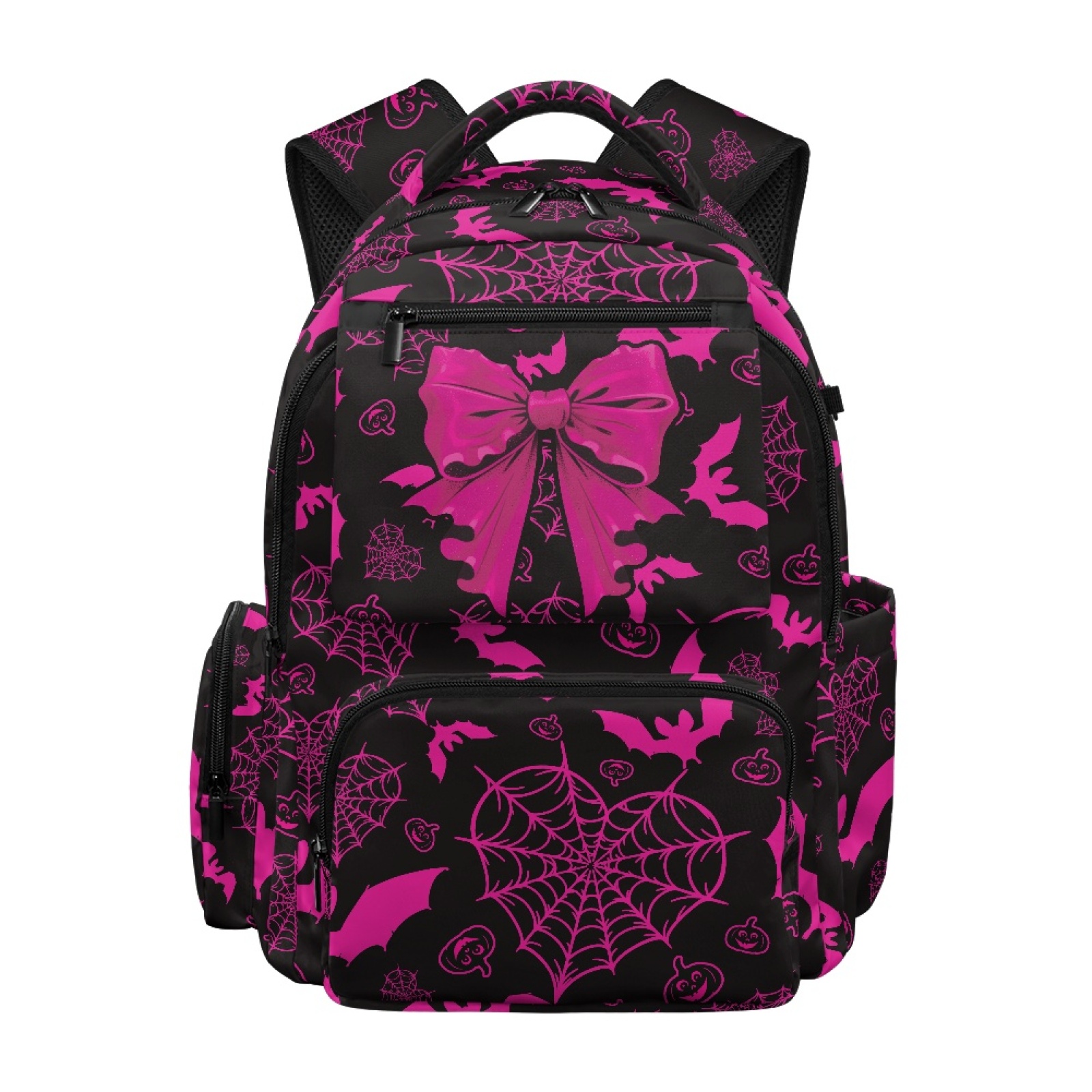 Pink Bat Spider Bow Kids School Backpack for Girls 17 Inch Cute Halloween School Bag, Black Lightweight Elementary Backpack with Padded Laptop Sleeve for Elementary Ages 9-12