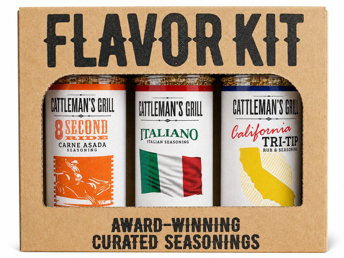 Cattleman's Grill 3-Pack Gift Set BBQ Rub:  8 Second Ride Carne Asada, Italiano and California Tri-Tip and Seasoning for Steak, Pork, Chicken, Beef, Veggies 5 to 6oz Bottles