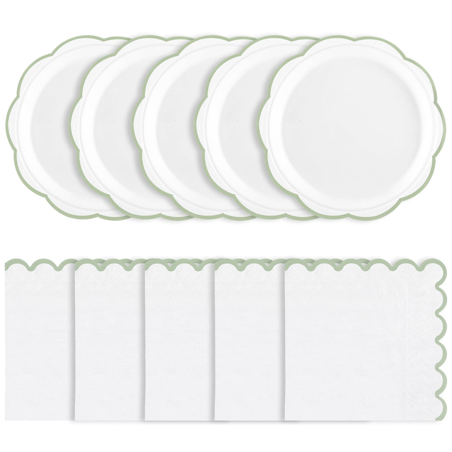 50 Pcs Sage Green Plates & Napkins, 7" Scalloped Dessert Plates & 6.5" Disposable Napkins, Sage Green & White Party Supplies for Weddings, Birthdays & Showers
