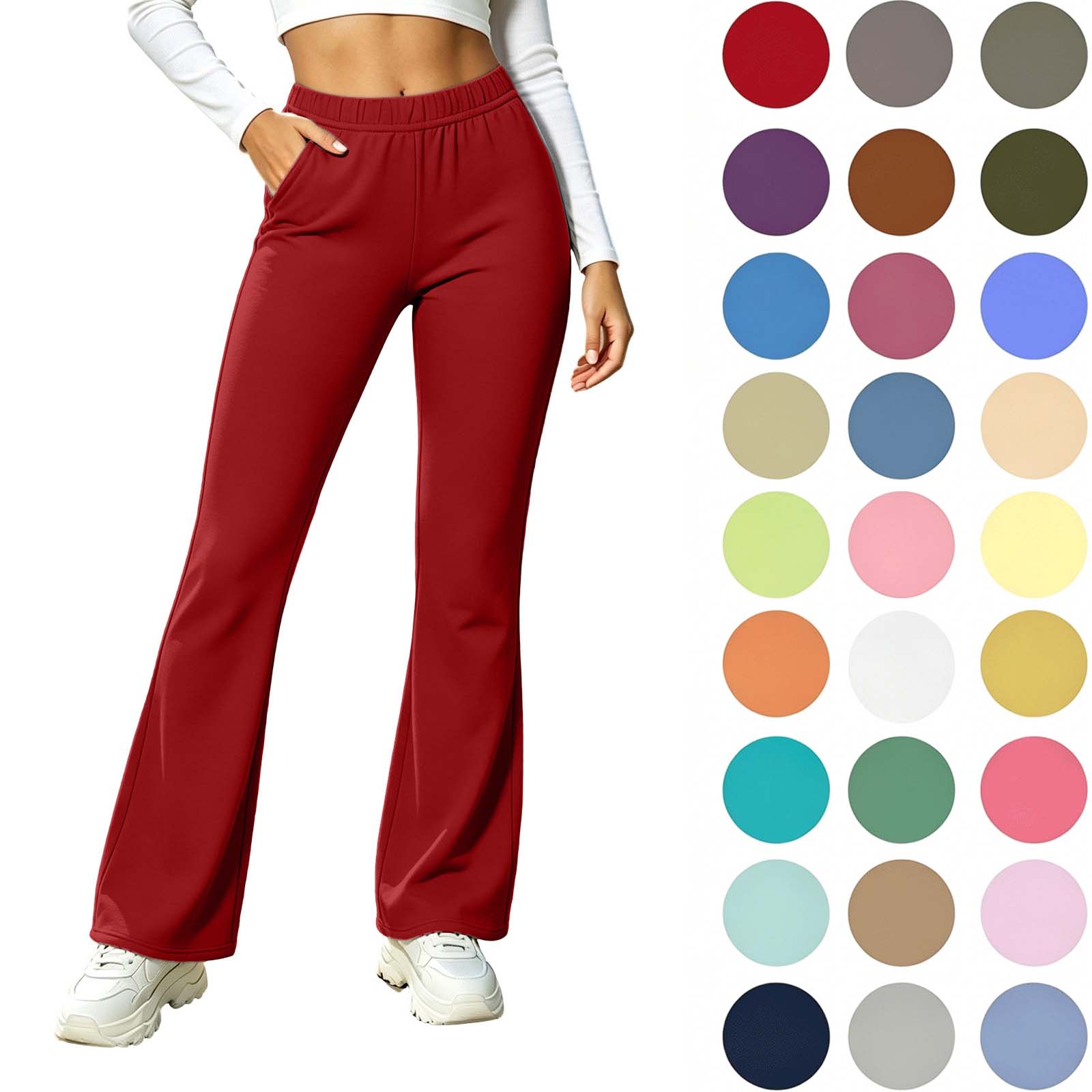 Fleece Lined Flare Leggings for Women with Pockets, Thermal Winter Yoga Pants for Workout, Sport, Elastic High Waisted Tummy Control Stretchy Casual Pant Wine, M