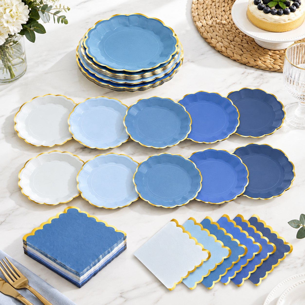 Dusty Blue 100 Count Scalloped Disposable Paper Plates and Napkins Party Set